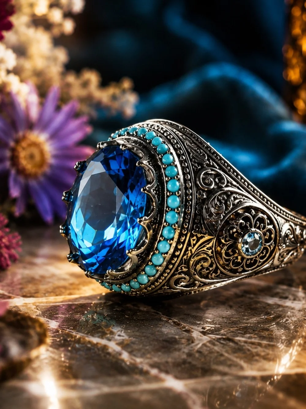Men's Size 8 Ornate Silver Tone Ring Blue Center Stone Filigree Statement Pinky